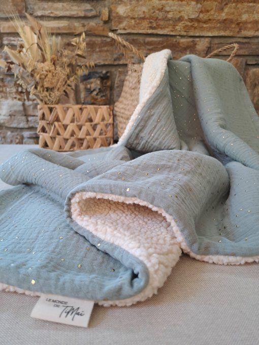 Couverture en sherpa - Vert de gris à pois dorés