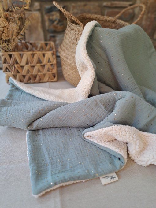 Couverture en sherpa - Vert de gris à pois dorés