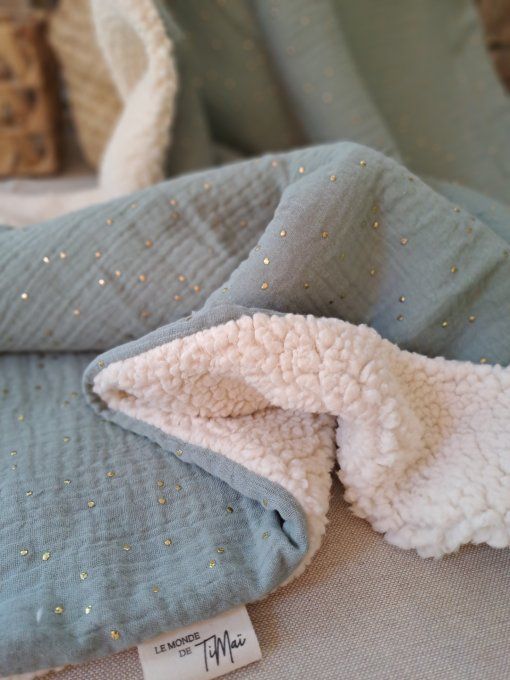 Couverture en sherpa - Vert de gris à pois dorés
